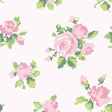 Seamless Pattern Pink Roses Cross Stitch Floral Embroidery Luxury Nursery Soft Baby Background Vector