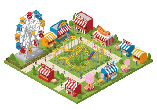 A vibrant isometric amusement park with a Ferris wheel and roller coaster, bustling with activity and colorful stalls