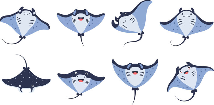 Cute cartoon manta rays in different poses and colors