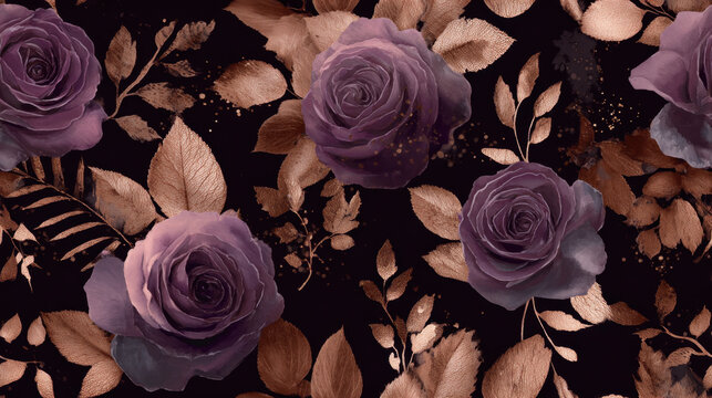 Seamless pattern of purple roses with copper leaves on dark background, elegant floral design with metallic foliage and luxurious decorative style