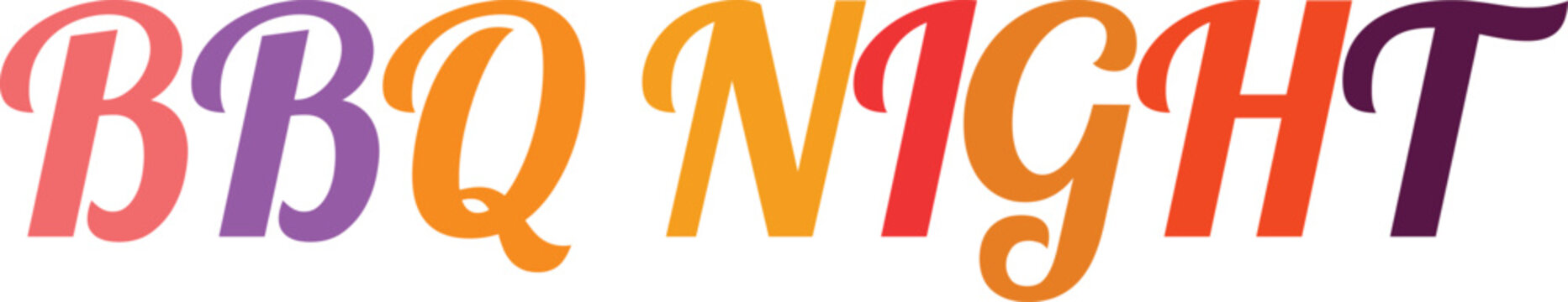 Bbq night text design in playful colorful cursive font for outdoor grilling events and backyard party invitations.