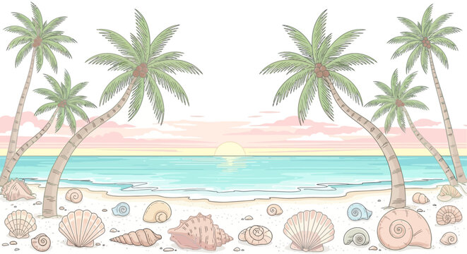 Seashells on sandy beach shore line.