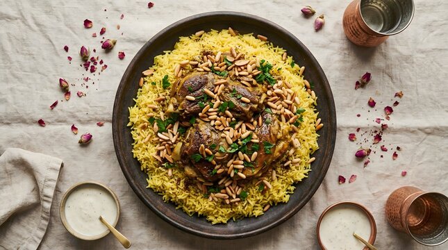 Traditional Lebanese Festive Mansaf with Lamb Saffron Rice and Nuts