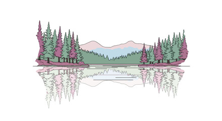 Evergreen Trees Reflected in Water Surface. © Marta