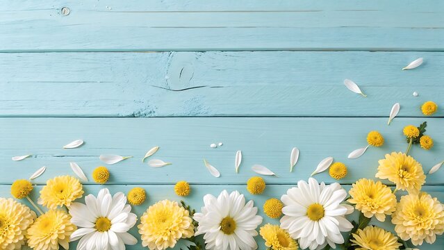 Spring flowers border on a blue wooden background with light blue decoration background
