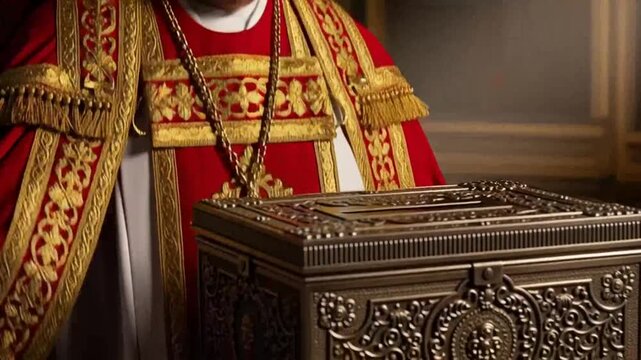 A priest in ornate red and gold vestments stands beside an intricately carved bronze box in a dimly lit room.