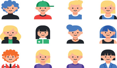 Obraz premium Cute Kids Avatar Icon Set with Cartoon Children Faces Different Hairstyles Profile Characters and Modern Flat Vector Illustration Design.