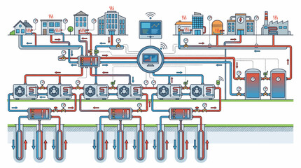 Obraz premium Industrial process diagram with pipes and machinery.