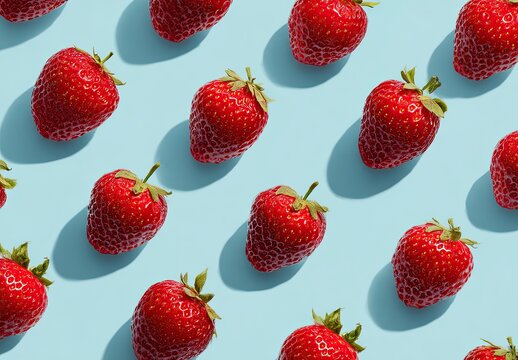 Fresh red strawberries arranged in a repeating pattern on a light blue background with strong shadows.