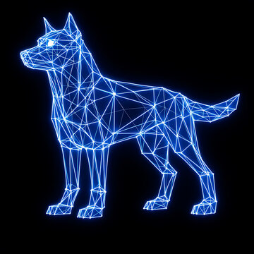 Glowing blue polygonal dog, neon geometric animal, futuristic canine, wireframe illustration