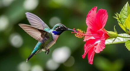 Fototapeta premium A beautiful hummingbird hovering in mid-air to feed on a bright red hibiscus flower in a lush garden