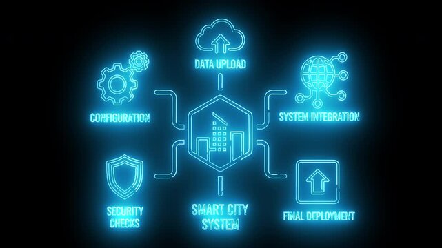 Neon blue glowing icon of a magnifying glass surrounded by connected text boxes and a checkmark on a black background with a futuristic and technological mood.