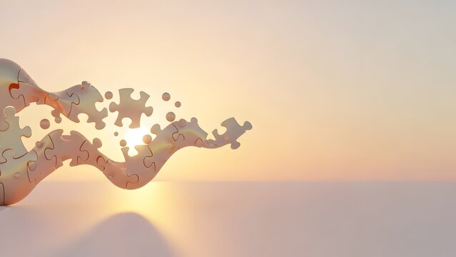 Abstract puzzle pieces dissolving into light at sunrise, concept of breaking down ideas
