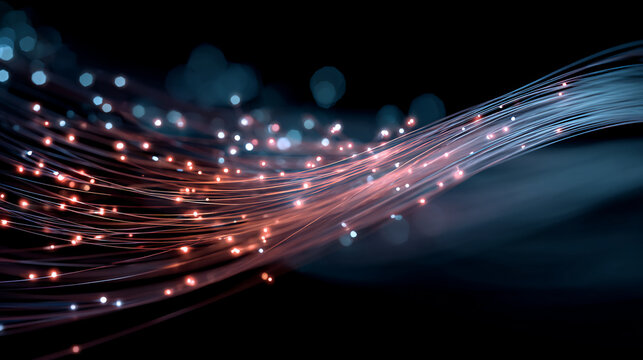 Abstract image of glowing fiber optic cables emitting blue and orange light trails on a dark background.
