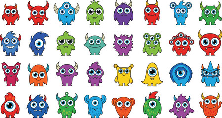 Fototapeta premium Cartoon Monster Icon Set with Funny Colorful Creatures Cute Fantasy Characters for Kids Games Stickers and Playful Vector Illustration Design.