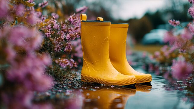 Weather And Protection Concept With Yellow Rain Boots And Soft Natural Bokeh
