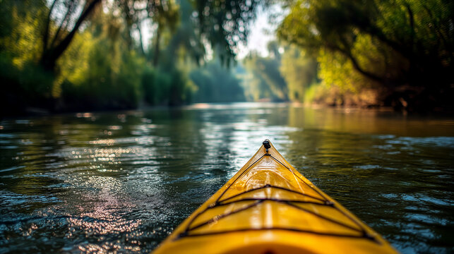 Outdoor Adventure Scene With Yellow Kayak, River, And Blurred Natural Background