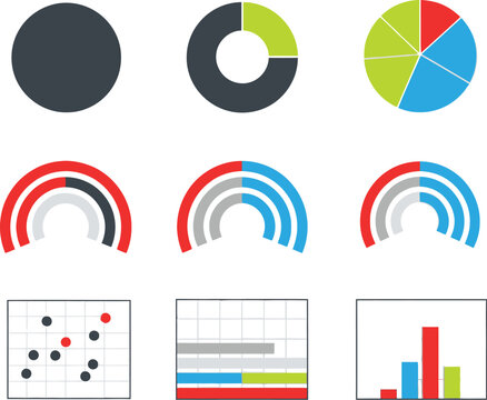 A collection of abstract infographic elements displays circular, radial progress bars, and scatter plot diagrams using red, green.