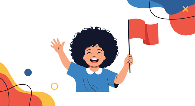 Happy and enthusiastic young girl with a curly afro hairstyle is smiling and waving a small red flag on an abstract background.