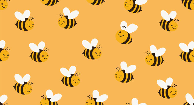 Adorable smiling cartoon bees are flying in a seamless pattern on a warm orange background creating a sweet and happy design.