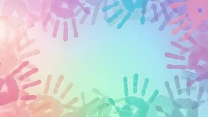 Fototapeta premium Colorful Handprint Border on Pastel Gradient Background