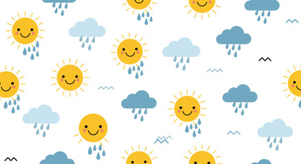 Fototapeta premium Cute seamless weather pattern for kids with smiling cartoon suns and light blue clouds raining on a clean white background.