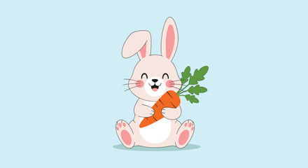 Obraz premium Adorable happy bunny with rosy cheeks is sitting and holding a fresh orange carrot on a light blue background for Easter.