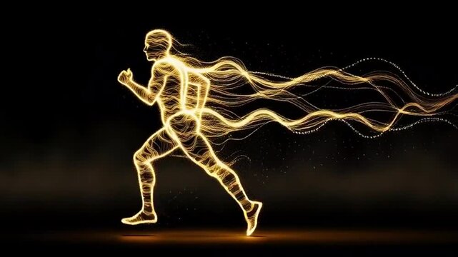 Abstract Runner with Golden Energy Trails and Light Particles