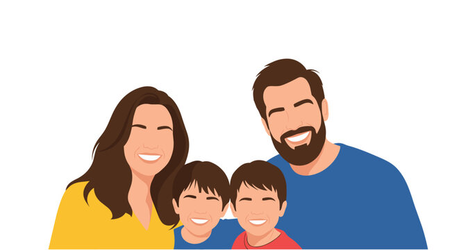 A heartwarming illustration of a happy family portrait with a mother father and two young sons smiling together against a clean white background.