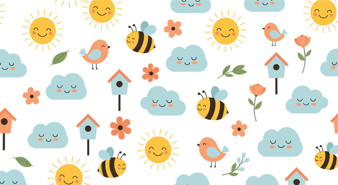A cheerful seamless spring pattern with cute smiling suns happy clouds buzzing bees and sweet birds perfect for kids textile design.