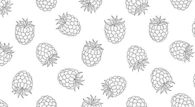 A seamless monochrome background pattern of raspberries hand-drawn in a detailed stippling or dotwork sketch style illustration.