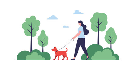 Fototapeta premium A simple flat illustration of a woman with long hair walking her small red dog on a leash through a minimalist green park.