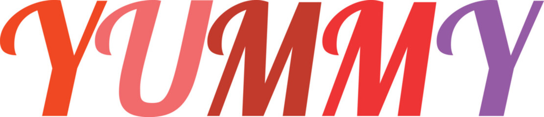 Obraz premium Yummy colorful lettering, elegant script font, vibrant gradient hues, delicious word art, isolated on transparent background.