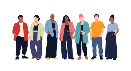 Fototapeta premium A group of diverse and stylish young people standing together representing modern youth culture and fashion on a white background.