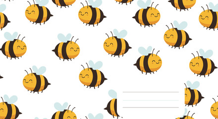 Obraz premium Seamless pattern of cute smiling bumblebees on a white background with a blank label for text perfect for a kids notebook.