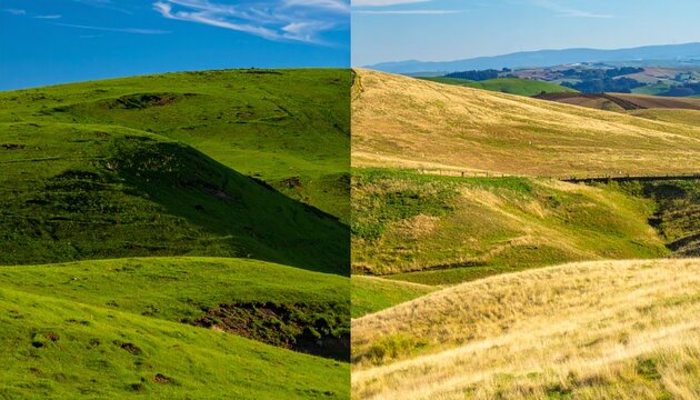 Rolling green hills with patchwork fields under clear blue sky landscape