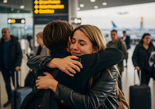 Emotional young woman hugging her partner at a busy international airport terminal before departure, natural lighting, cinematic photography style, bittersweet mood