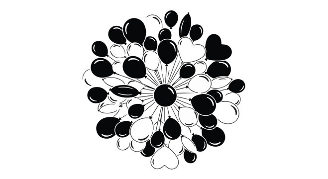 Festive burst of black and white balloons creating a celebratory abstract shape