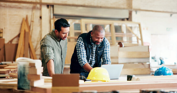 Carpentry, people or reading with laptop in workshop, manufacturing timeline or material cost research. Review, project planning or men with pc for woodwork schedule, production info or lumber price