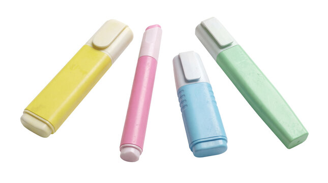 A vibrant photograph of four colorful highlighters in yellow, pink, blue, and green.