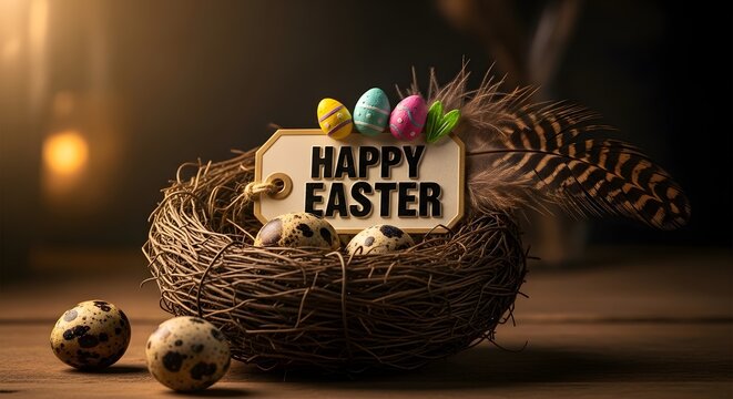 Ester egg celebration with happy easter sign in a bird nest