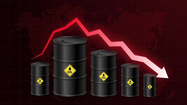 Crude oil price rising then falling animation concept with barrels and arrow graph. Illustrating oil price decline, market downturn and energy sector decline impacting global finance and economy
