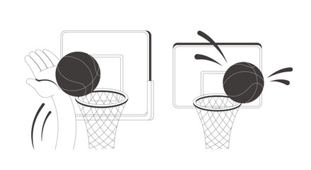Funky slam dunk and missing hoop clean flash message illustration set. Basketball score. Athletic play. Mobile app UI states. Error success. Micro UX done failure. Black and white line vector concepts © IMGvisualsCharacters