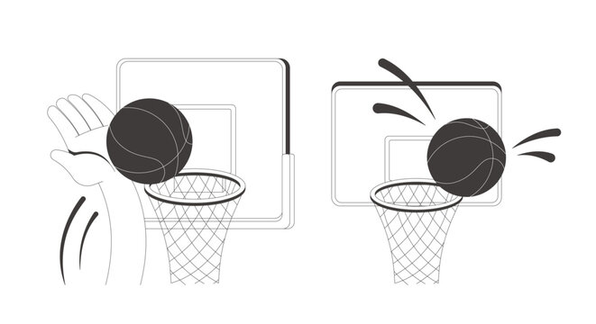 Funky slam dunk and missing hoop clean flash message illustration set. Basketball score. Athletic play. Mobile app UI states. Error success. Micro UX done failure. Black and white line vector concepts