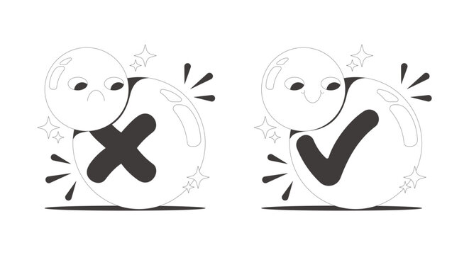 Groovy approval and rejection clean flash message illustration set. Funky cross mark. Checkmark emoji. Mobile app UI states. Error success. Micro UX done failure. Black and white line vector concepts