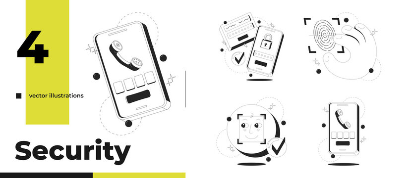 Phone security and biometric authentication clean onboarding illustration pack. Fingerprint scan. 2fa user login. Micro UX. Mobile UI app introduction set. Black and white line vector concepts