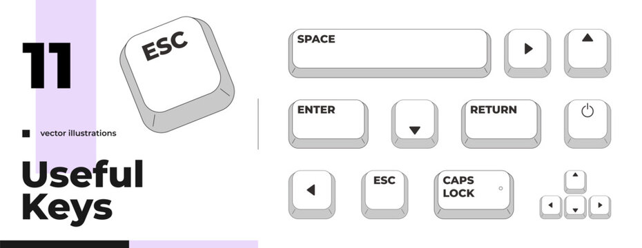Essential useful grayscale computer keyboard keys pack. Software guidance. Minimal rounded keycaps. Keystroke buttons isolated. Vector line illustration set. PC navigation. Input interface