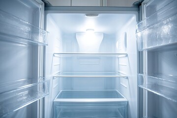 Fototapeta premium Hunger, poverty, or grocery shopping concept featuring a vacant kitchen refrigerator