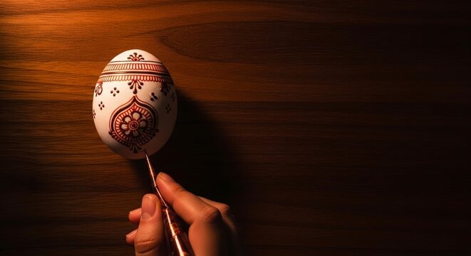 Hand holding decorated Easter egg on stick.