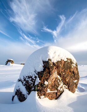 Large snow-covered boulder in a vast, white winter landscape under a bright blue sky